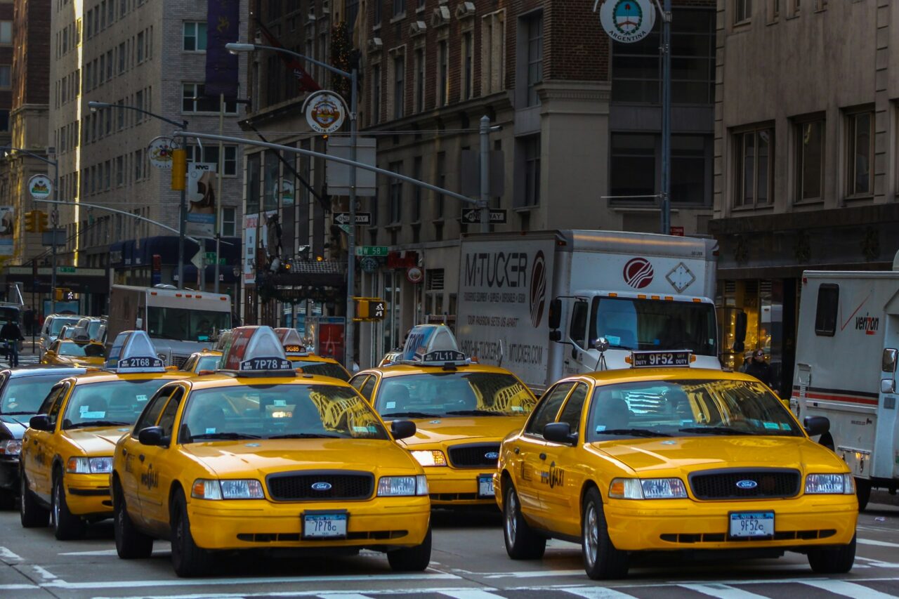 Yellow taxis on a busy street in New York City