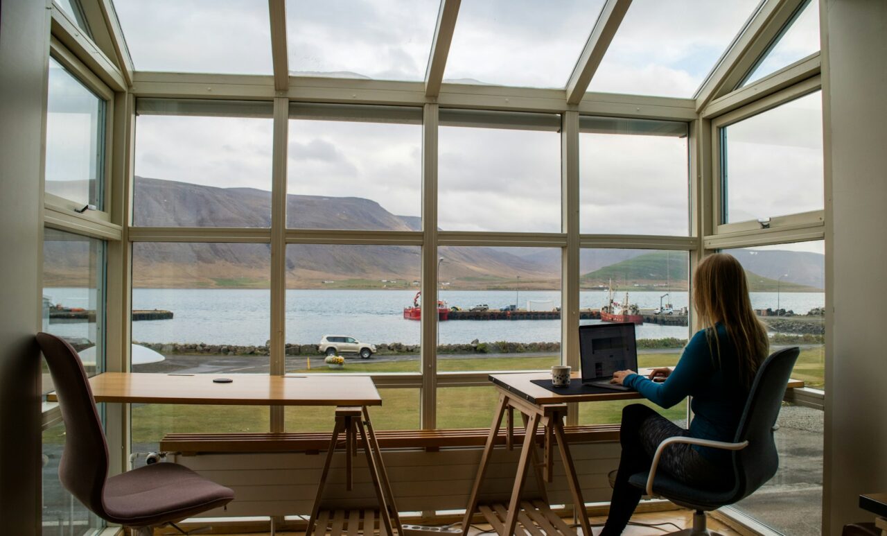 Woman remote working in Iceland