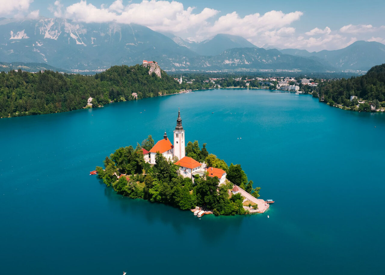 Lake Bled with island in the middle in Slovenia