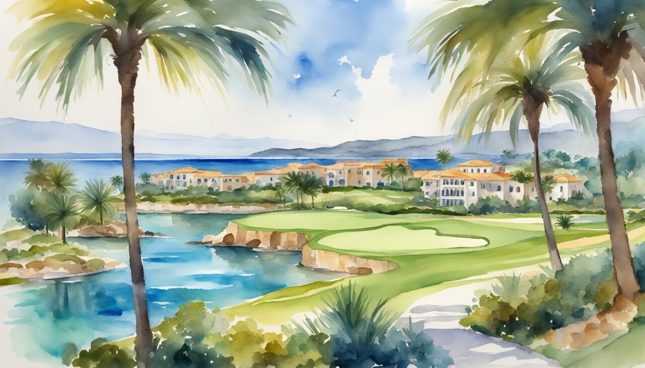 Watercolor painting of a golf resort