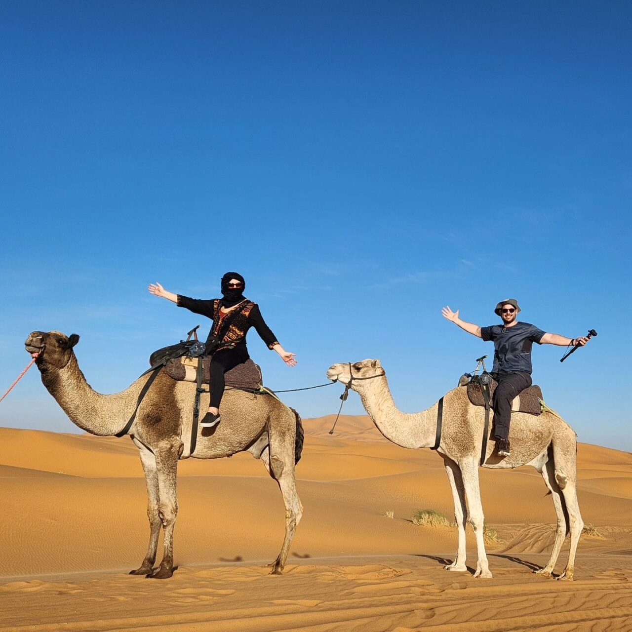 Two people on camels in the desert