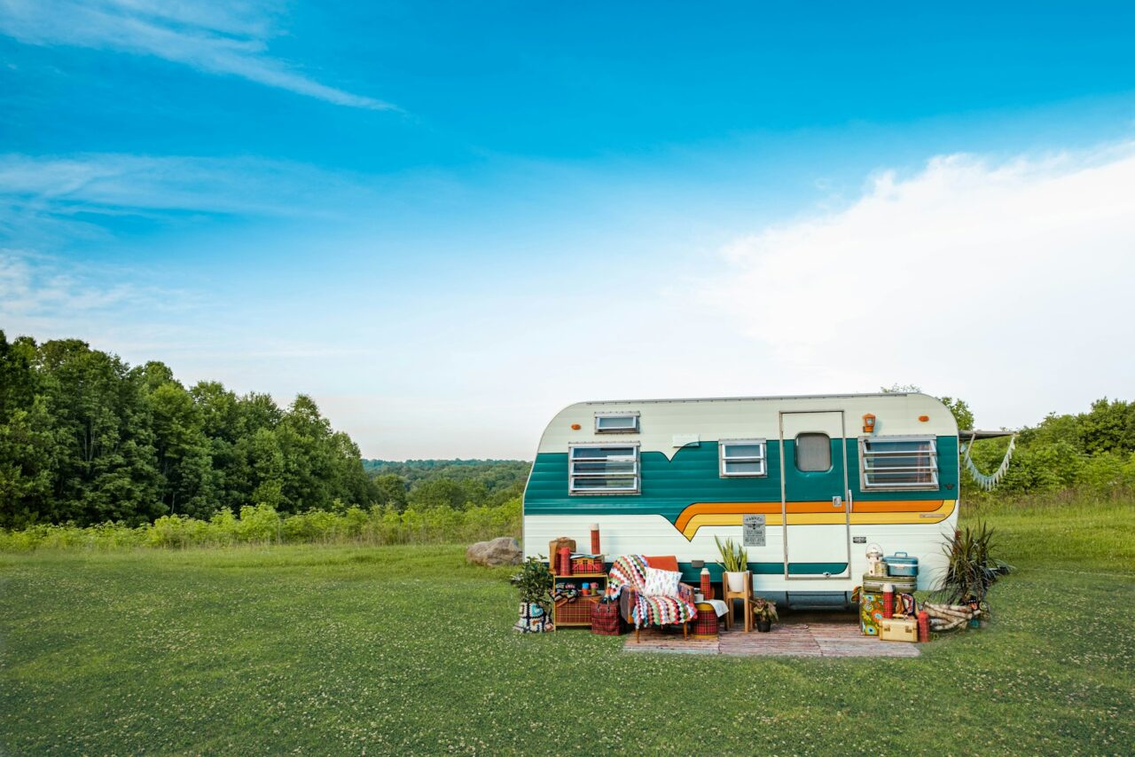 Retro vintage caravan in a field