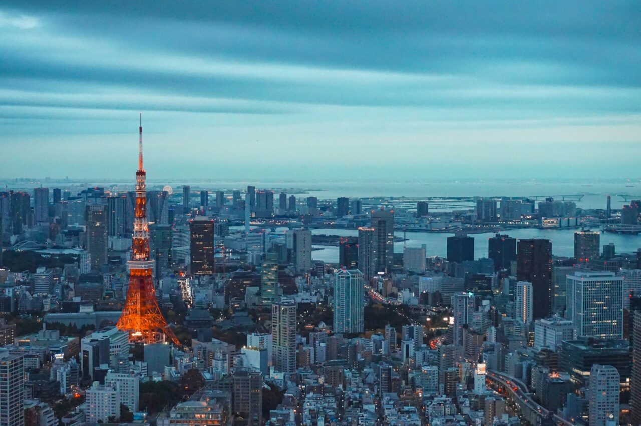 Tokyo tower and skyscrapers at dusk