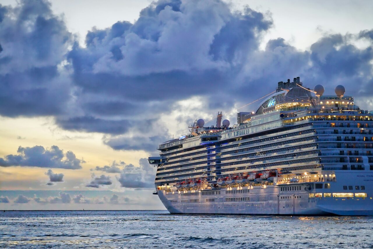 Cruise ship on the ocean at sunset in St Thomas