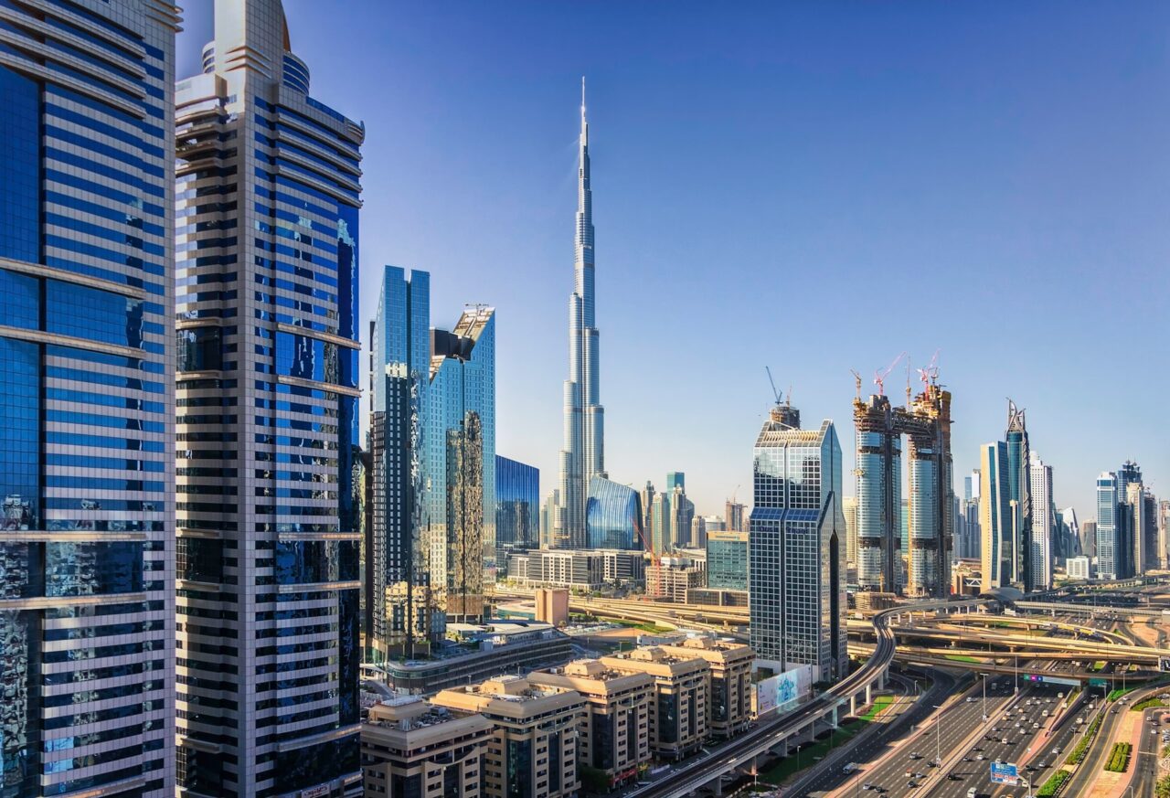 View of tall glass buildings in Dubai
