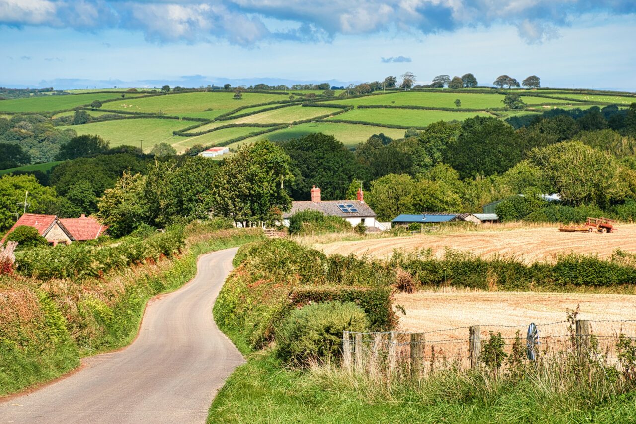 Farm buildings with rolling fields in Exmoor, Devon