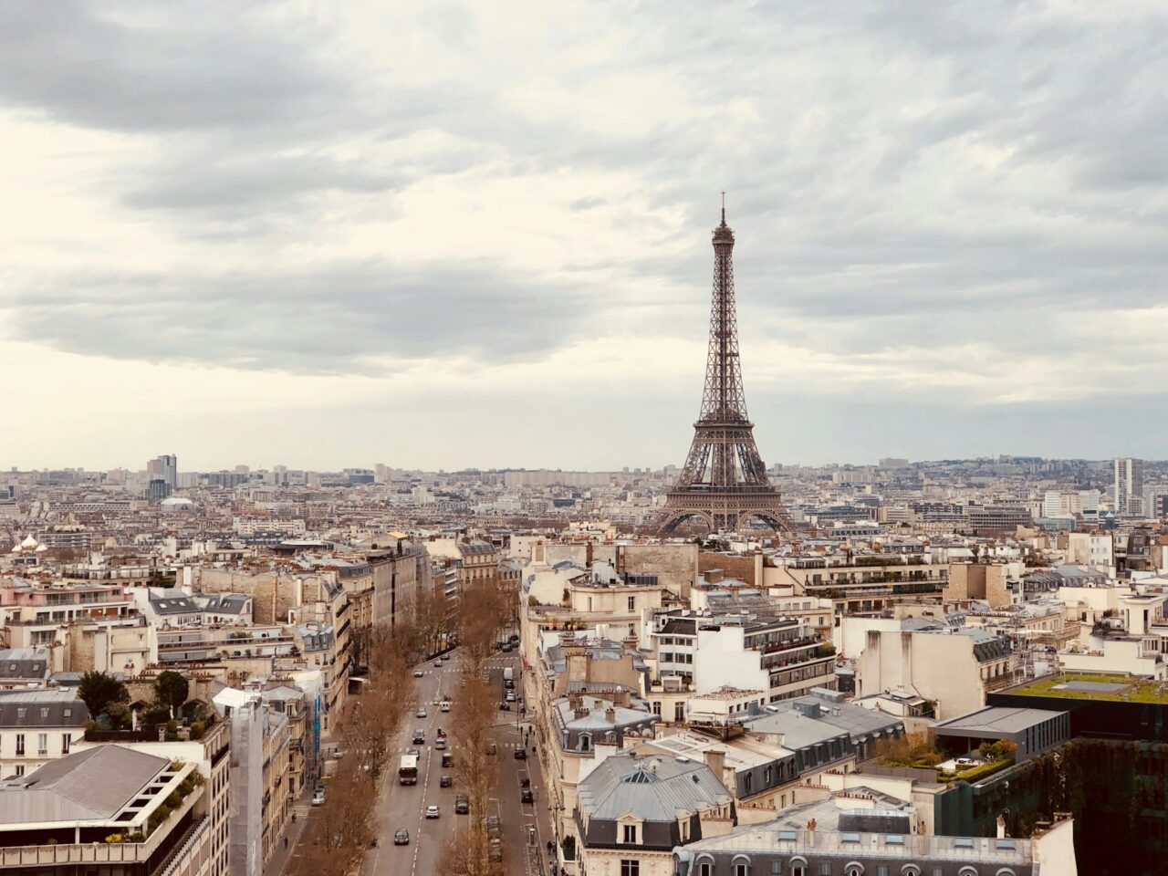 View of Paris and the Eiffel Tower on a cloudy day