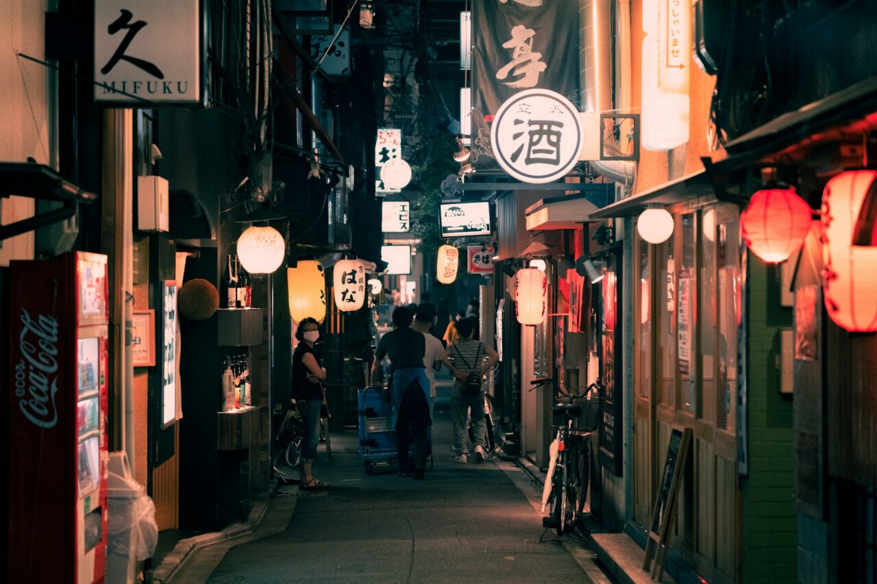 Alley at night in Kyoto Japan