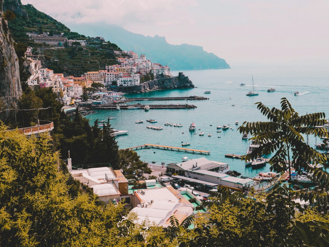 Village and boats on the water on the Amalfi coast