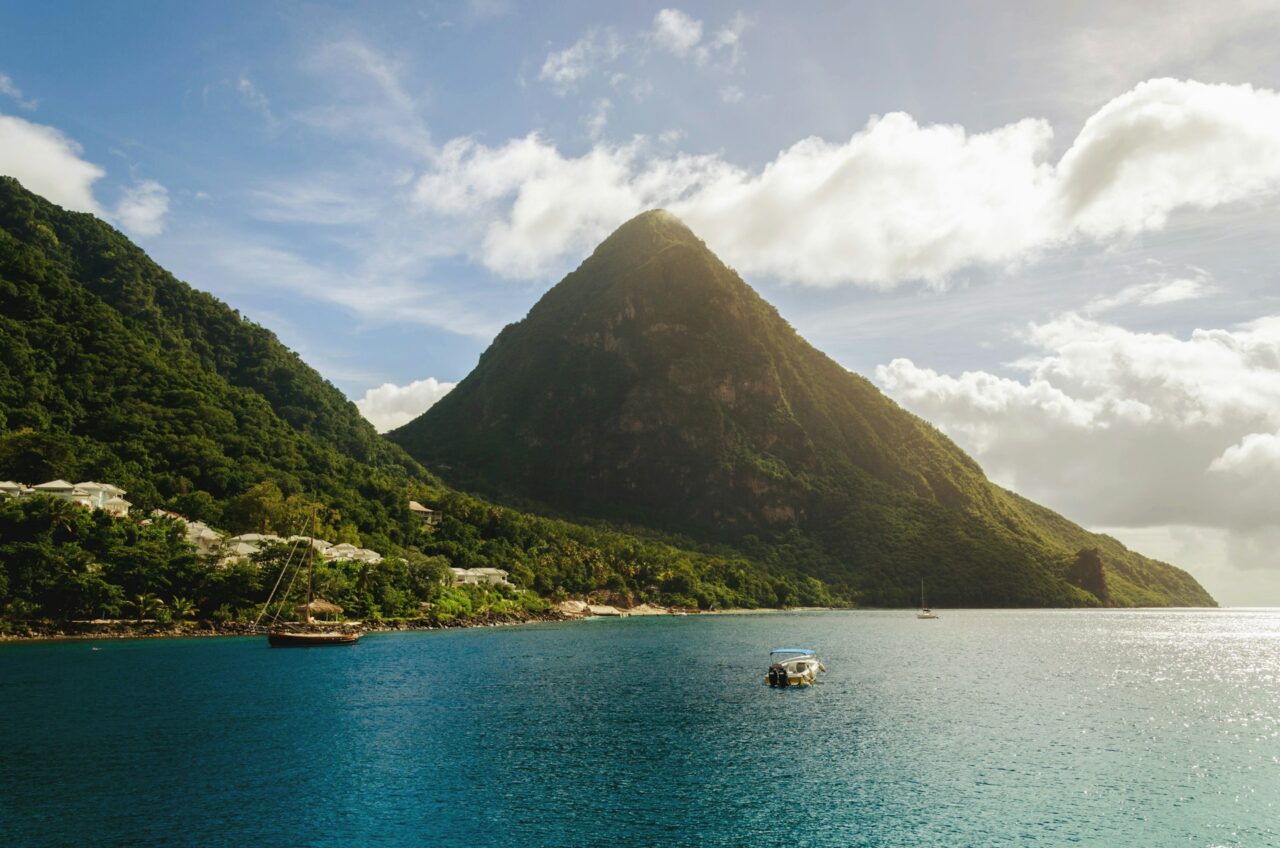 Island with green mountains in the Caribbean