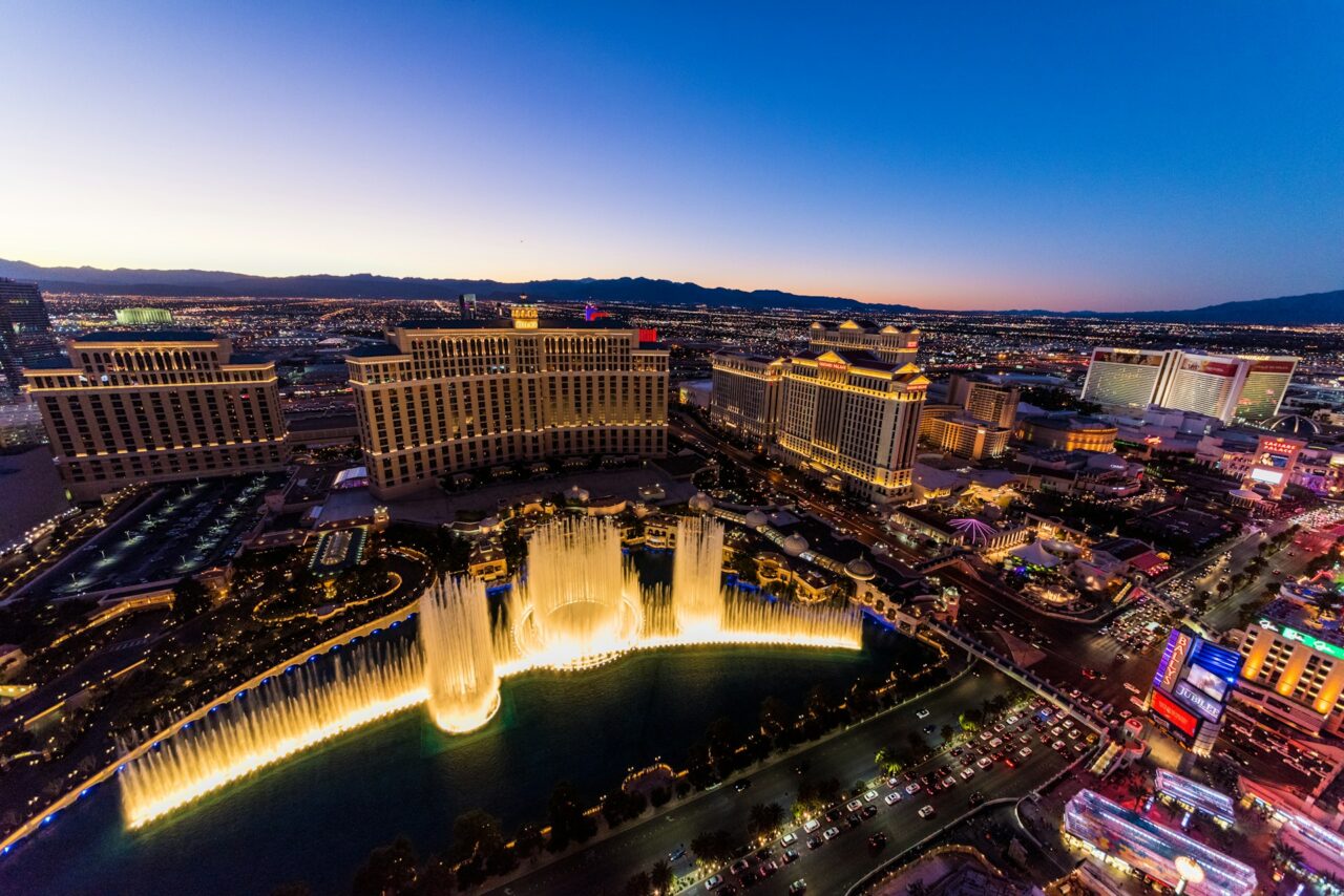 Aerial view of Las Vegas and the Bellagio fountain at sunset