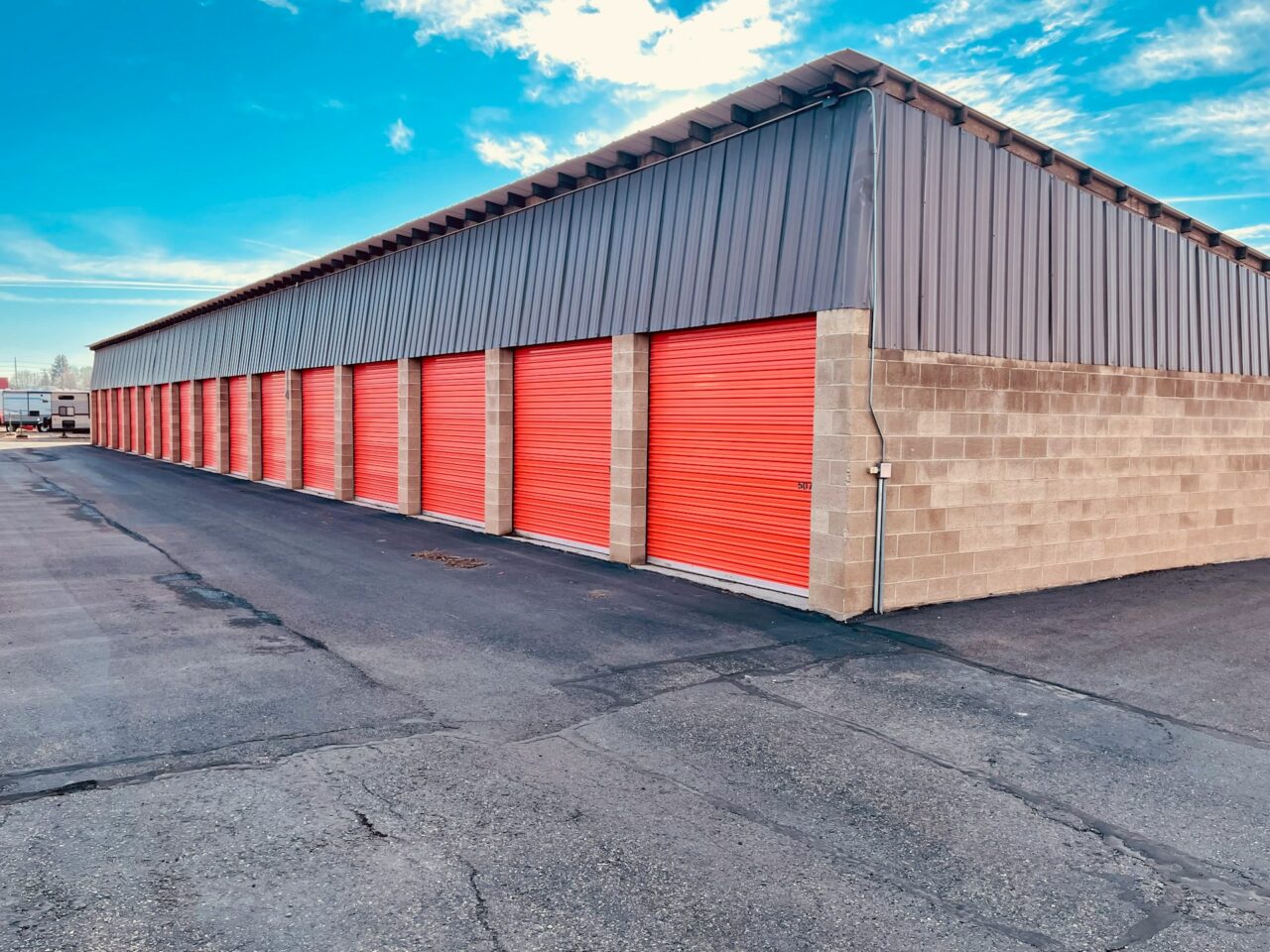 Storage building with red doors