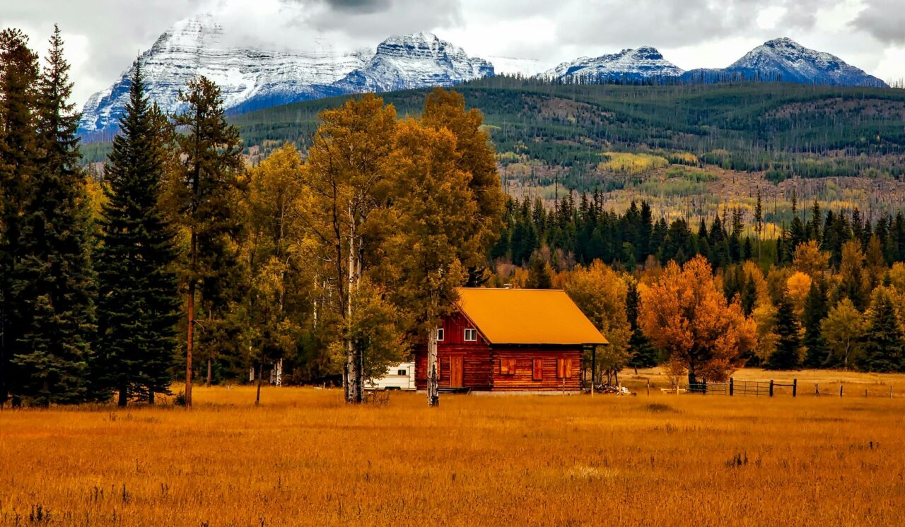 Cabin in an open field next to trees and mountains