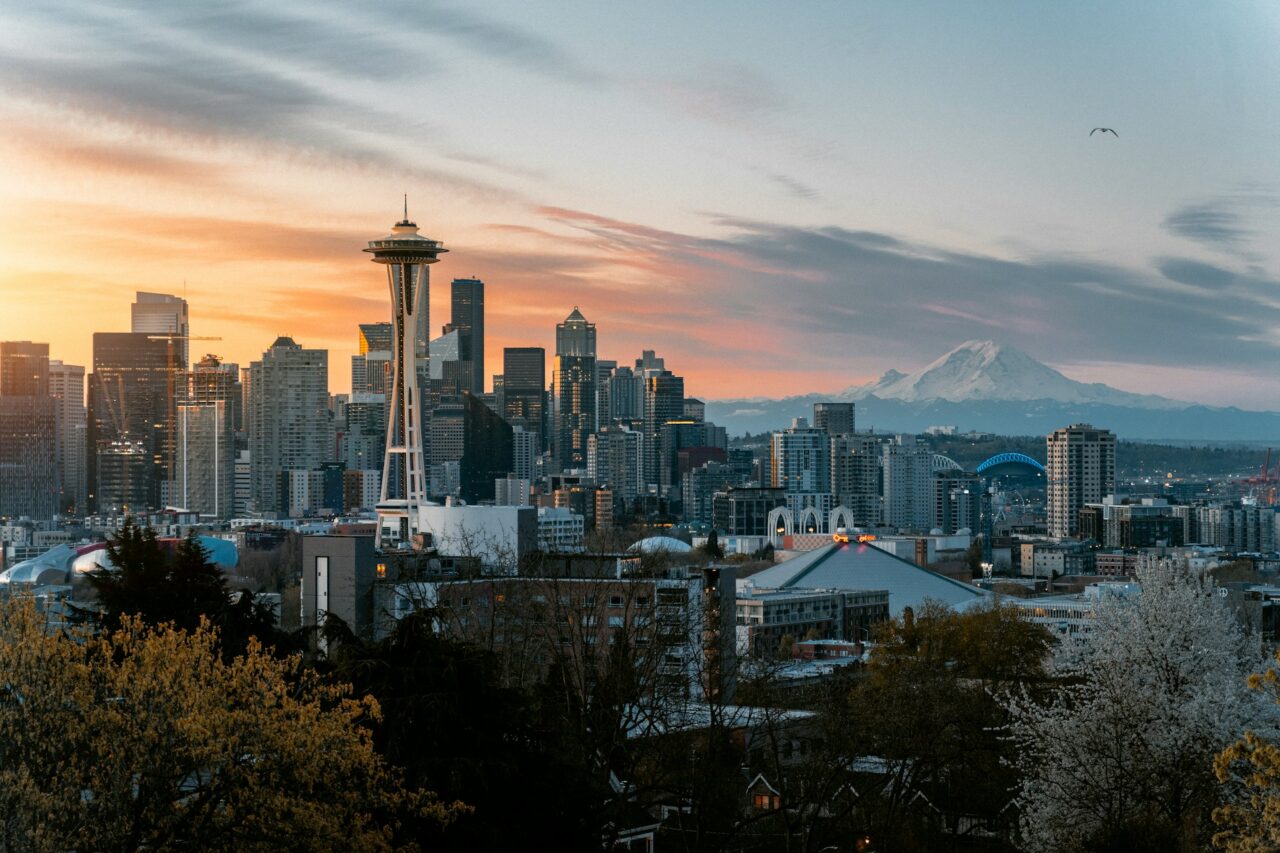 Seattle skyline as the sun sets