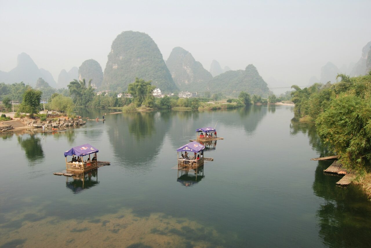 Huts on the Li River in China