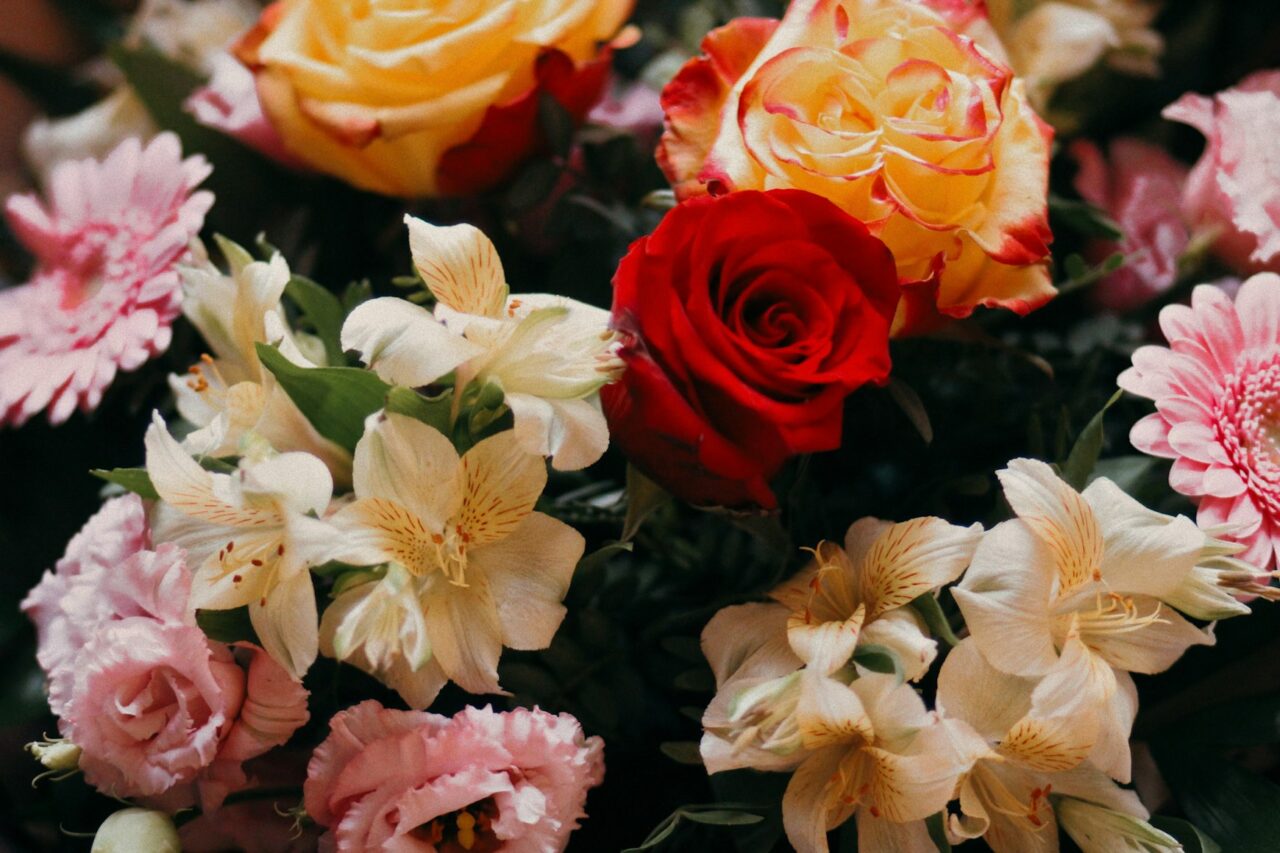 Close up of roses and lilies
