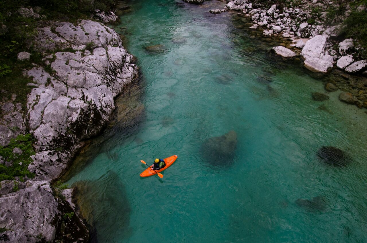 Aerial view of a person in a kayak on a river