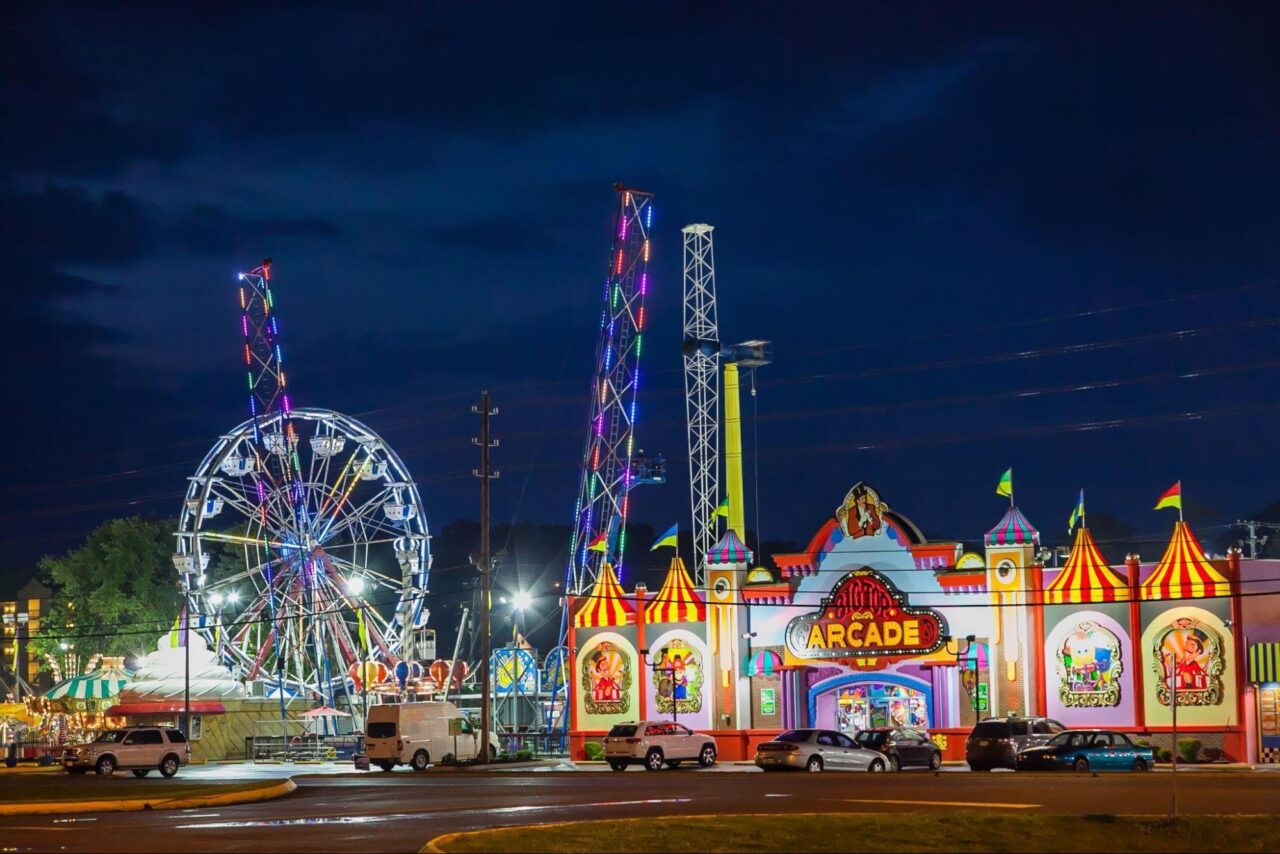 Arcade and fairground rides at night