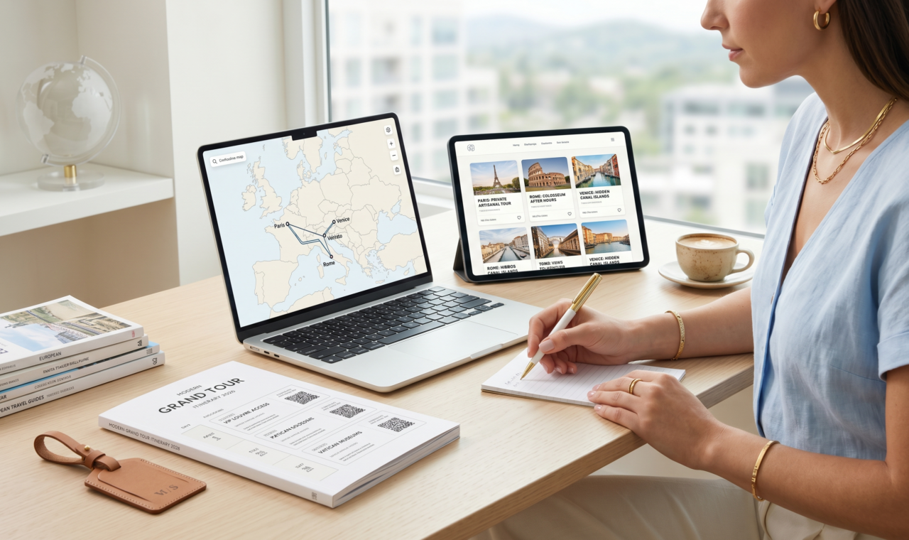 Woman at a desk planning a trip to France