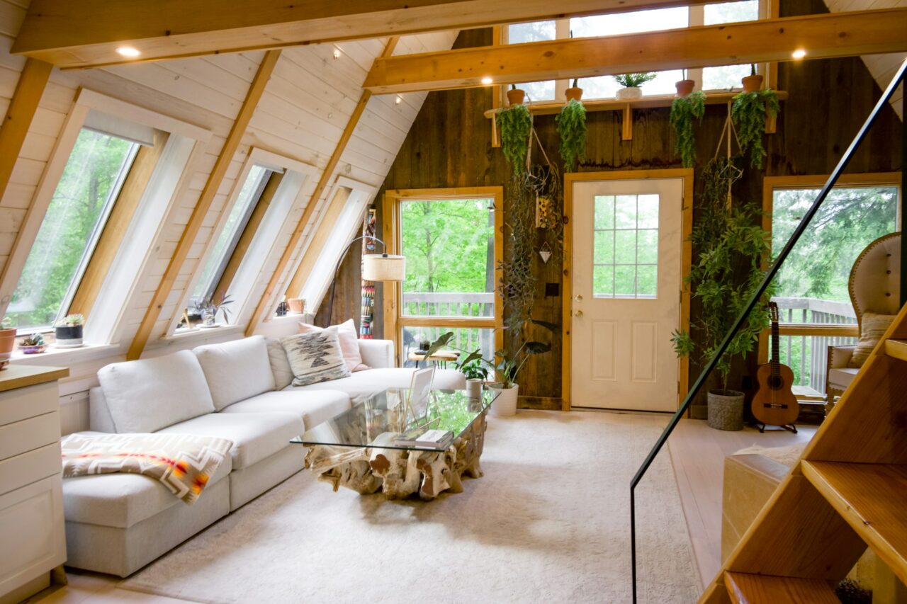 Living room interior with white couch