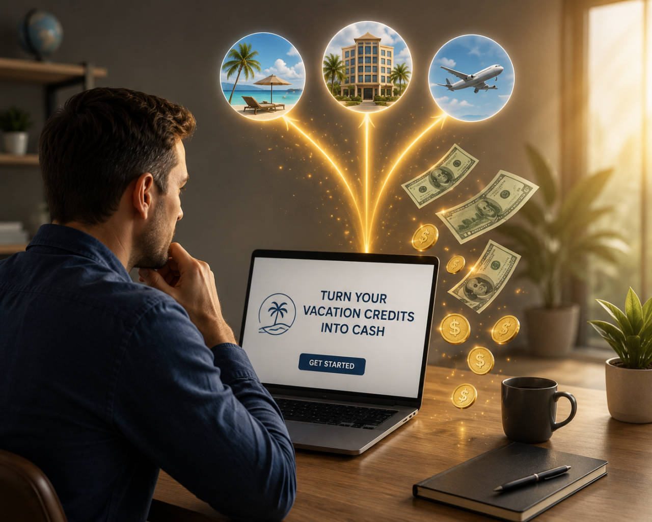 Man looking at a computer screen with the words "Turn your vacation credits into cash"