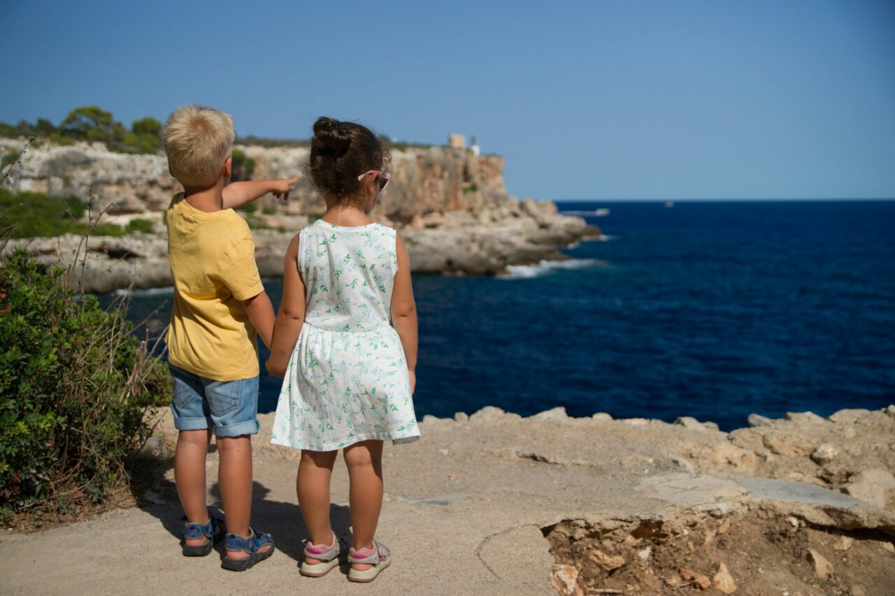Two children standing on a cliff looking at the ocean
