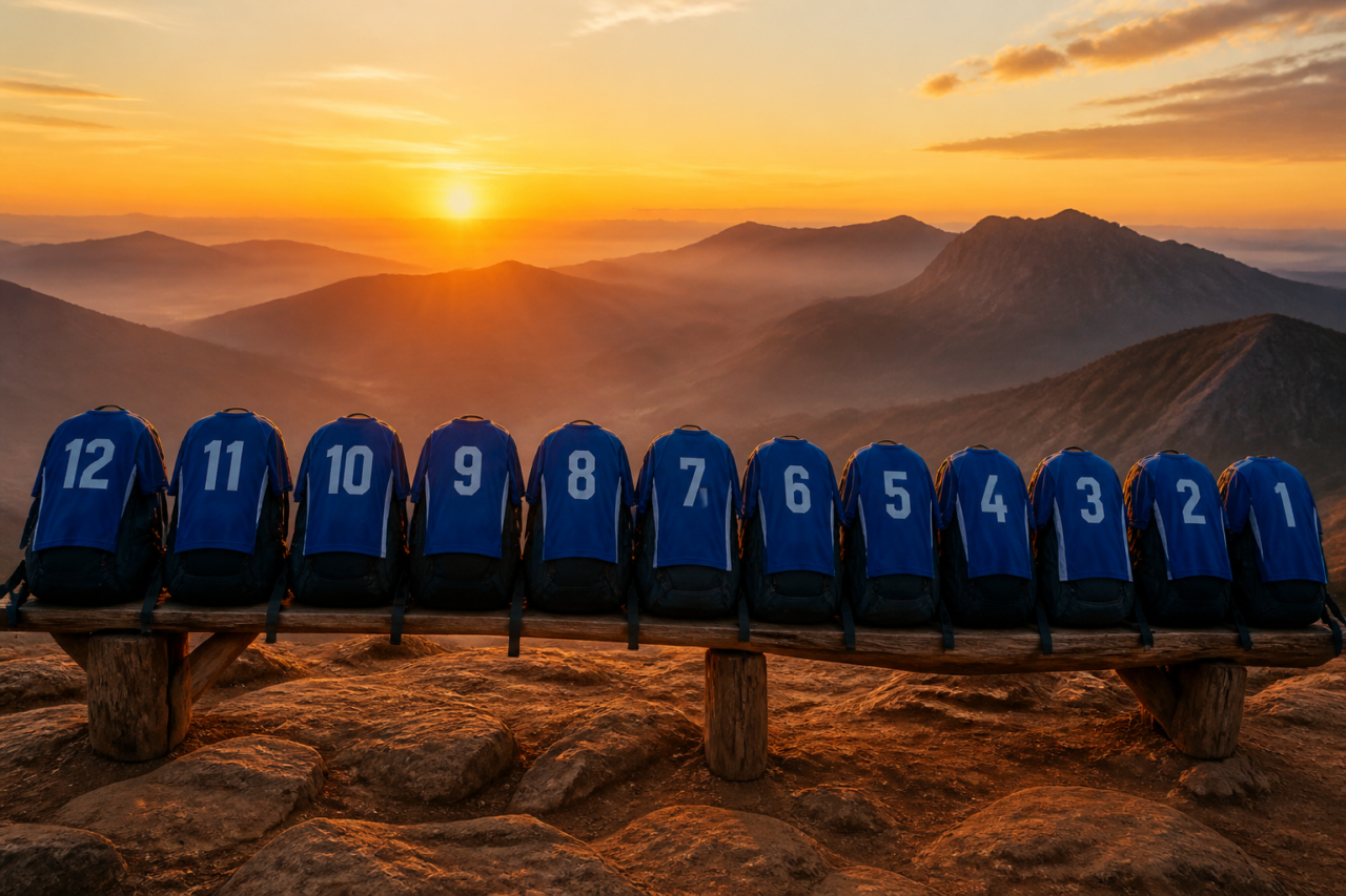 Blue numbered jerseys on a bench at sunset