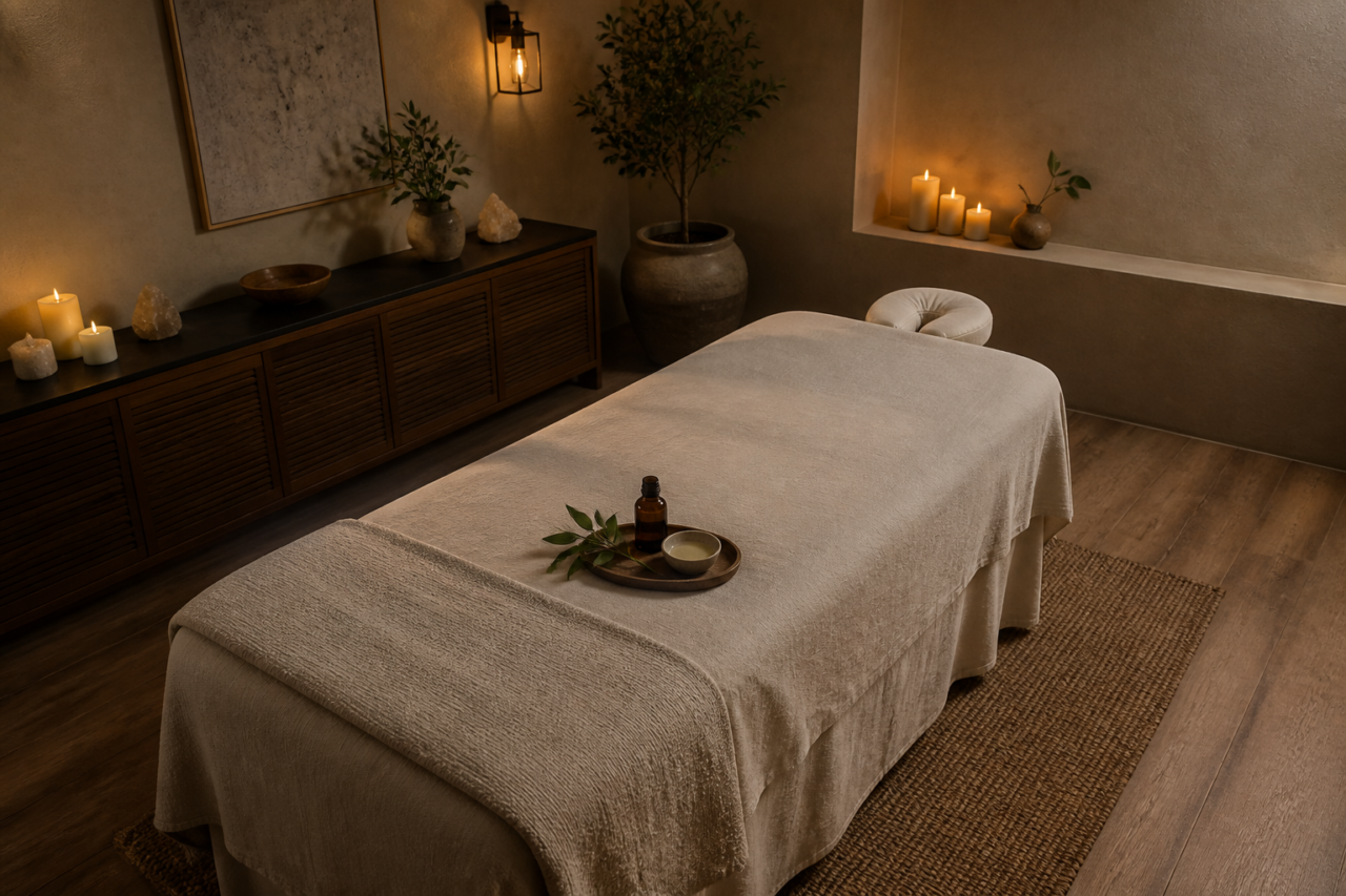 Massage table and candles in a spa room