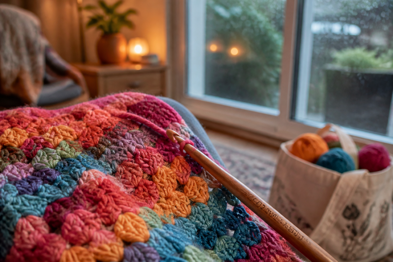 Colorful crochet in cozy living room