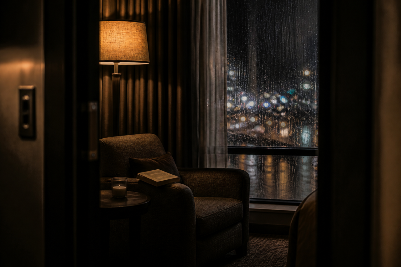 A cozy room with lamp and rain-soaked window view.