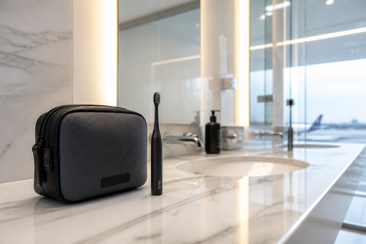 Black toiletry bag on marble counter in bathroom