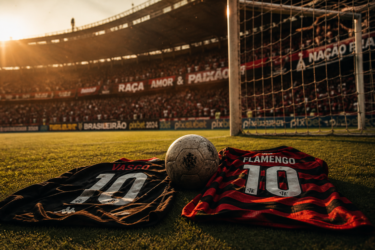 Red football jerseys on a pitch at a stadium