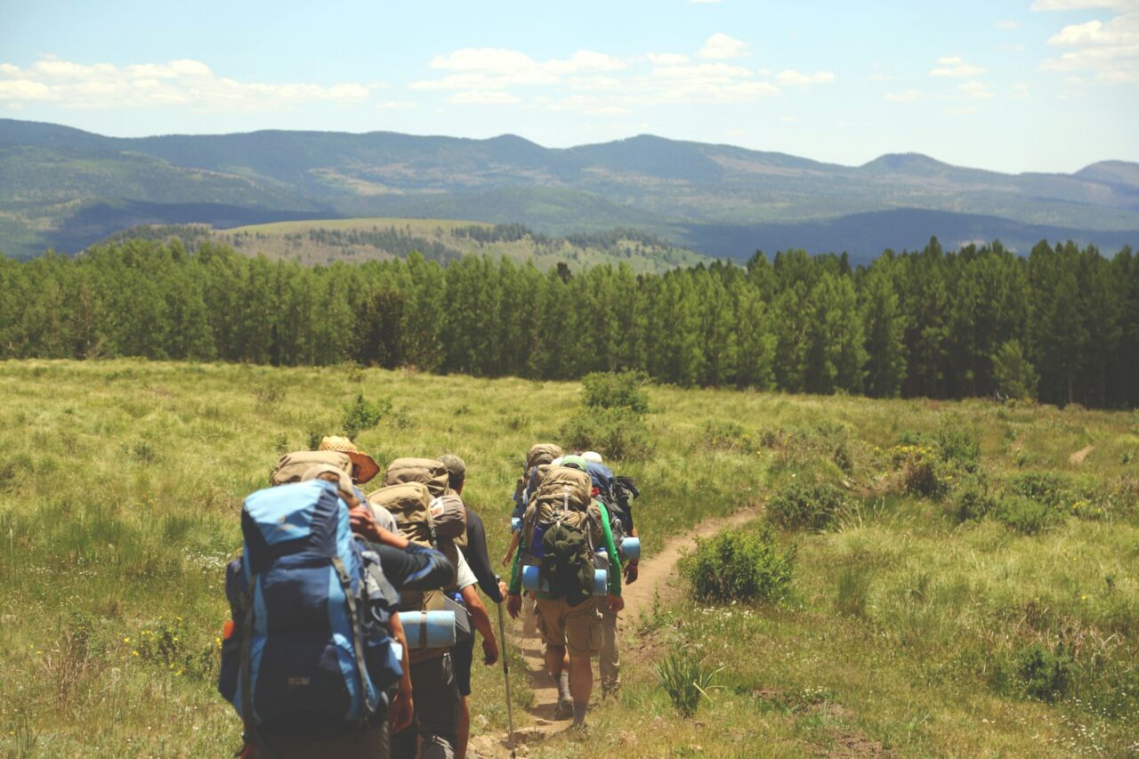 Group of hikers hiking through a field