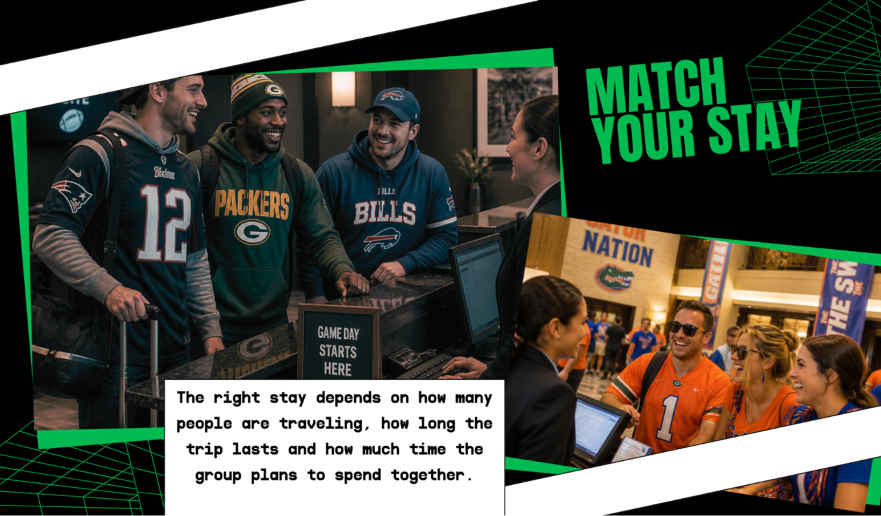 Banner with sports fans that reads "Match Your Stay"