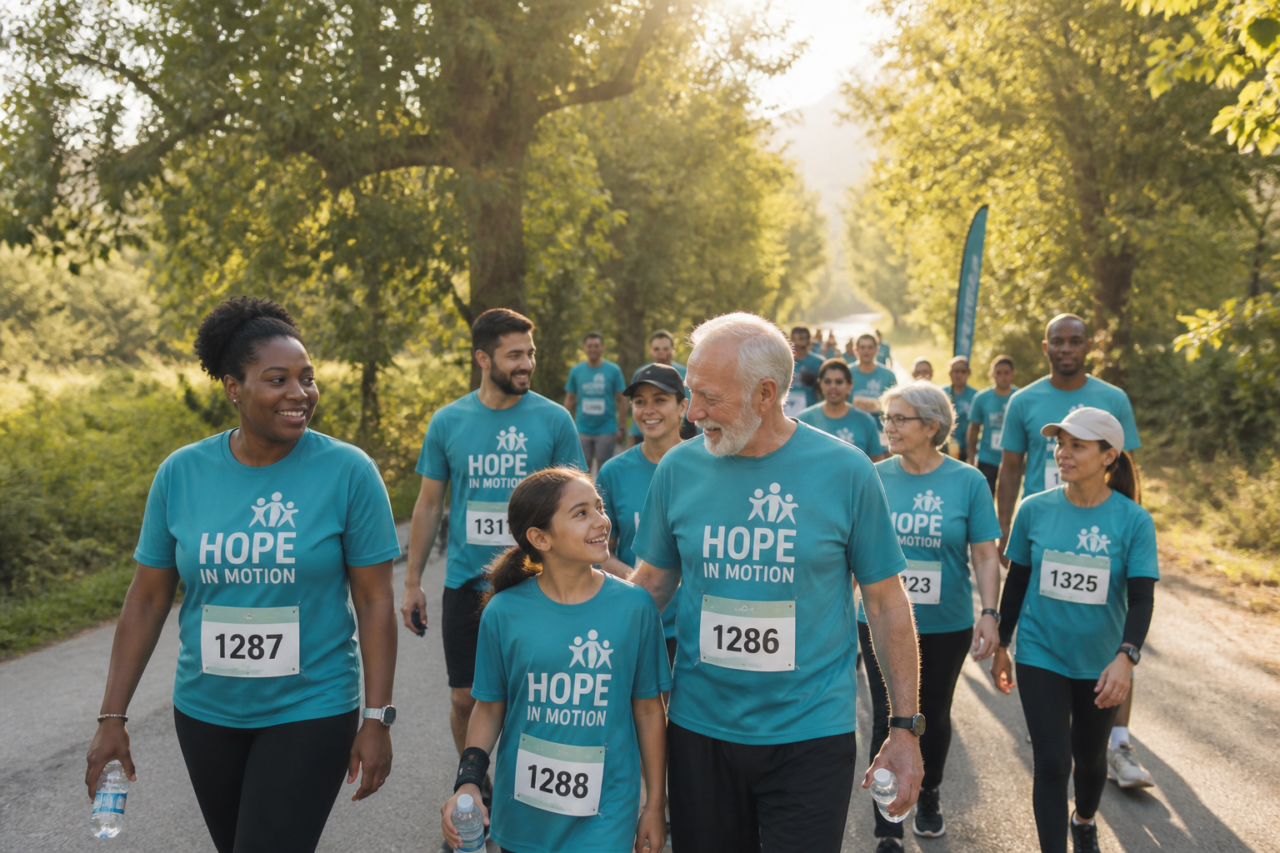 Participants in blue shirts at a charity running event
