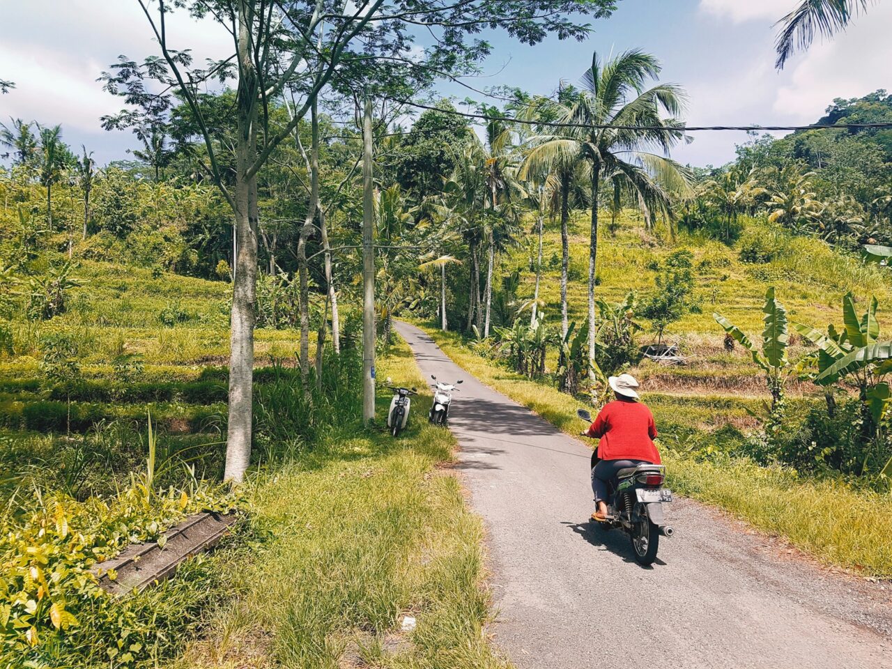 Person riding scooter through country road in Bali