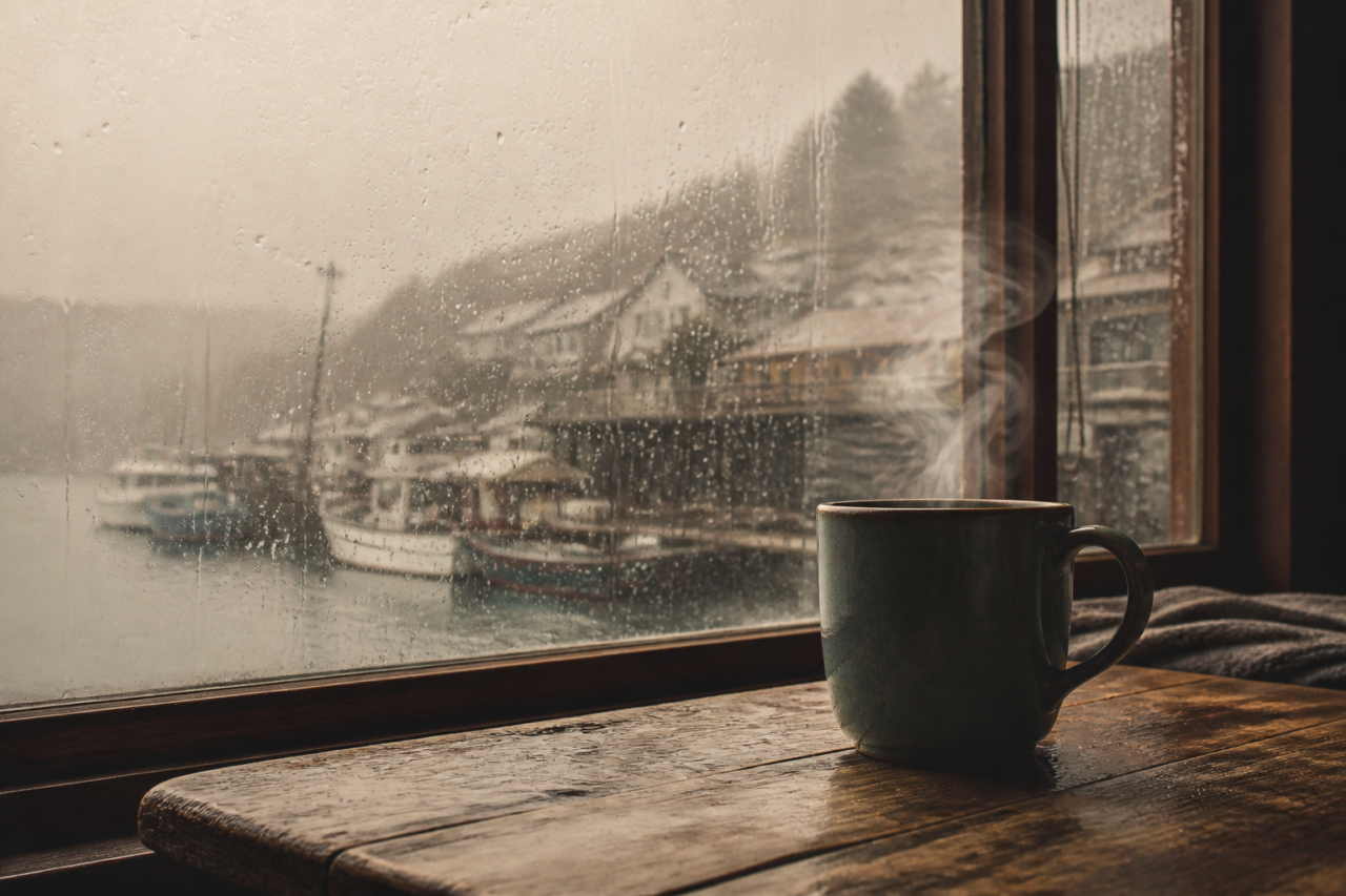 Coffee mug next to rainy window