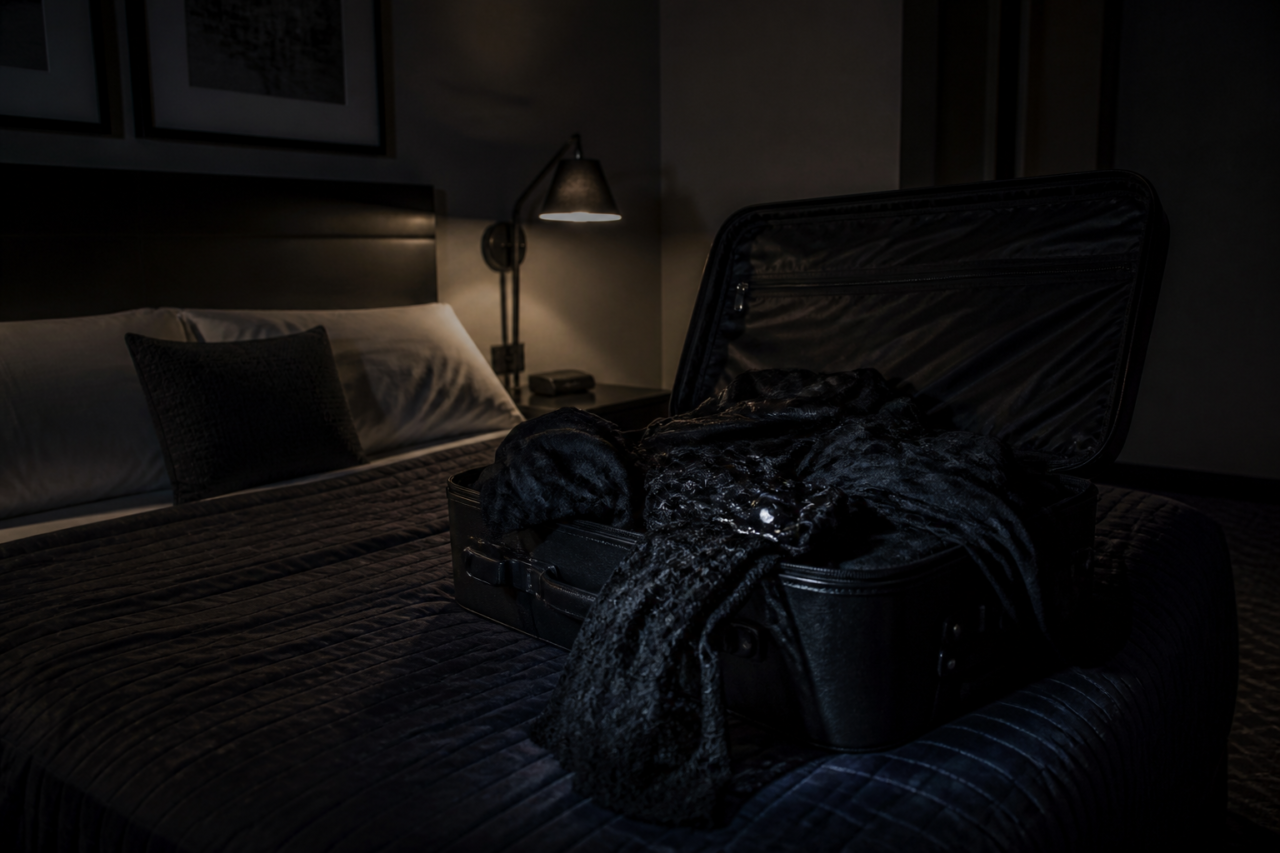 Suitcase on a bed in dimly lit room with black clothing spilling out 