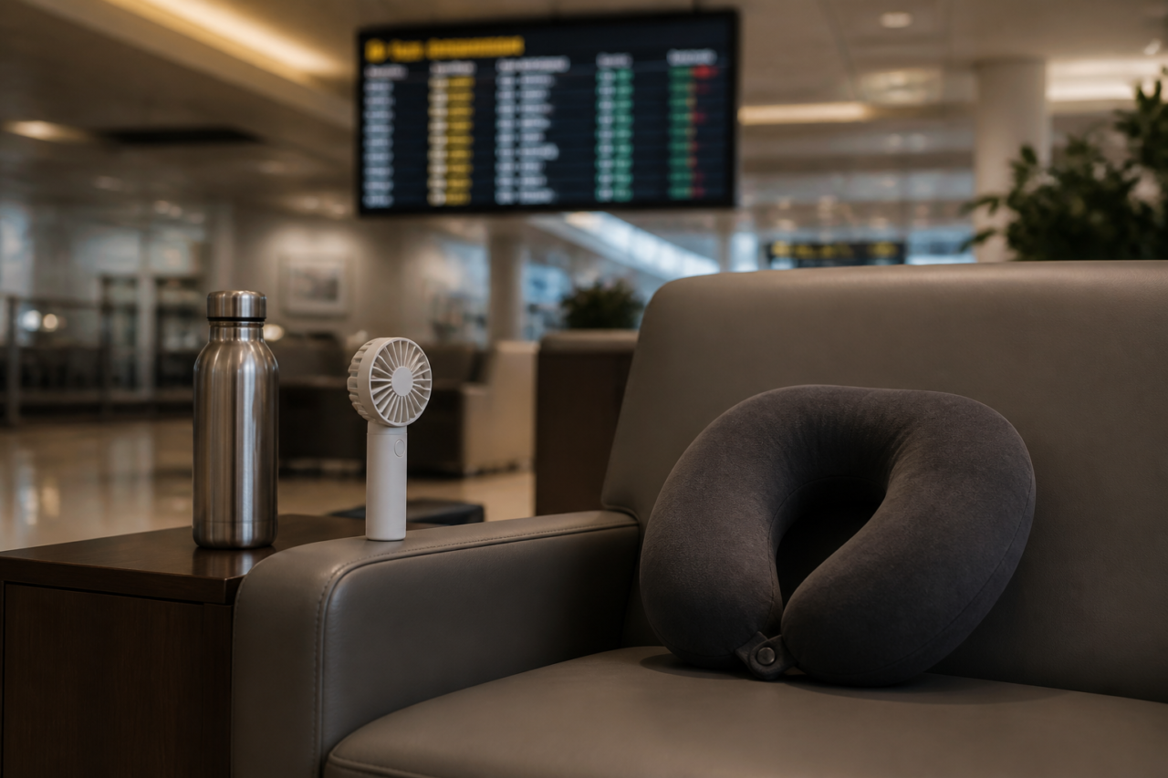 Travel essentials on an airport lounge chair