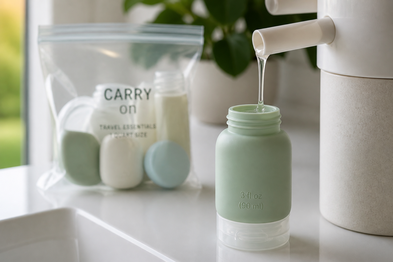 Liquid being dispensed into travel size container