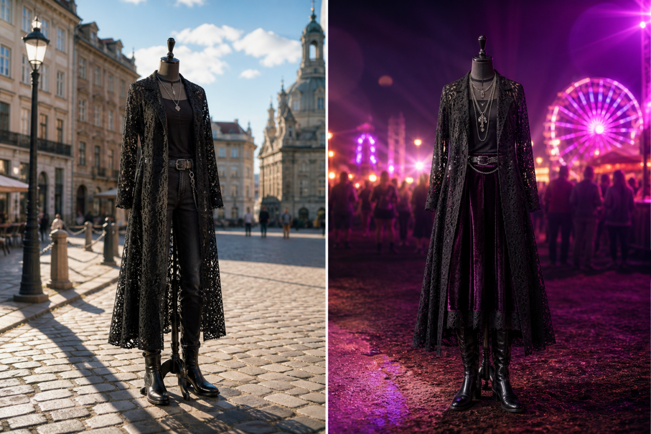 Goth clothing in day to night travel settings