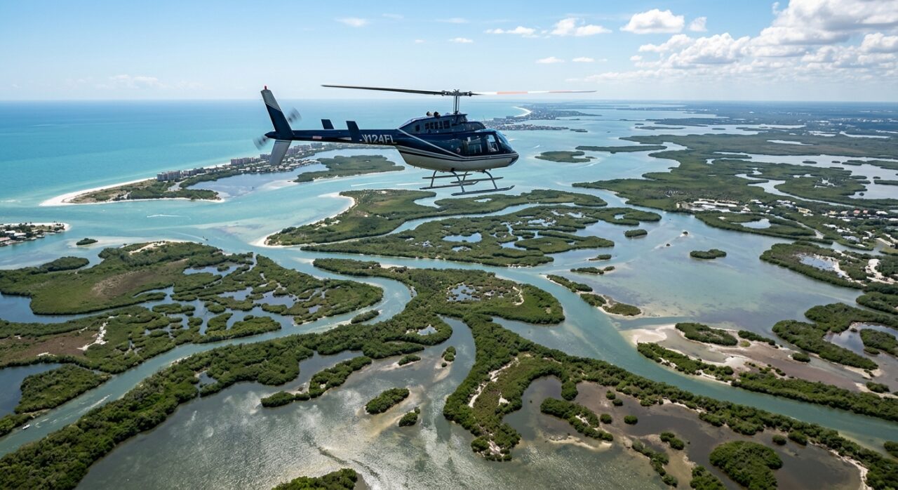 Helicopter flying over islands