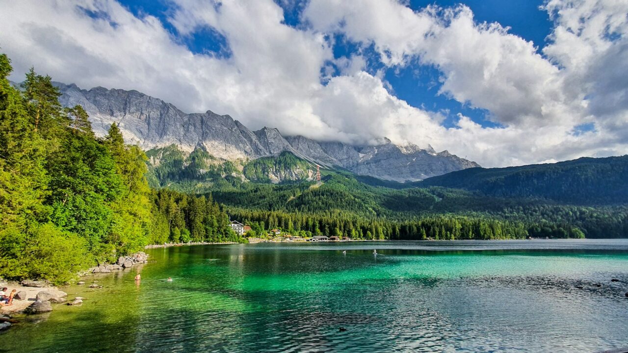 Lake Eibsee with mountains in the background in Germany