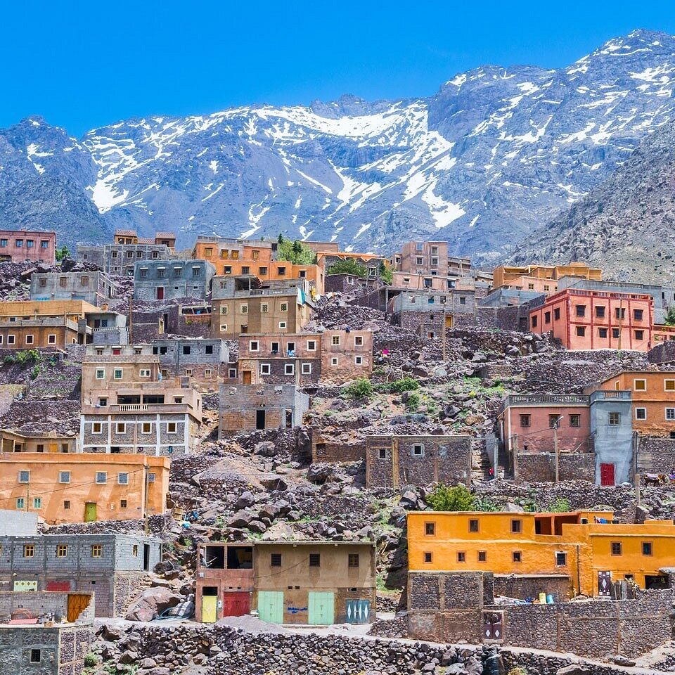 Berber village and terraced fields in the High Atlas Mountains near Imlil