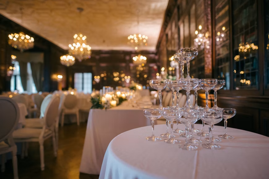 Wedding reception table with tower of coupe glasses