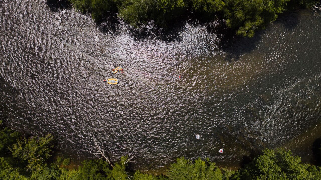Aerial shot of a raft on the Tennessee River