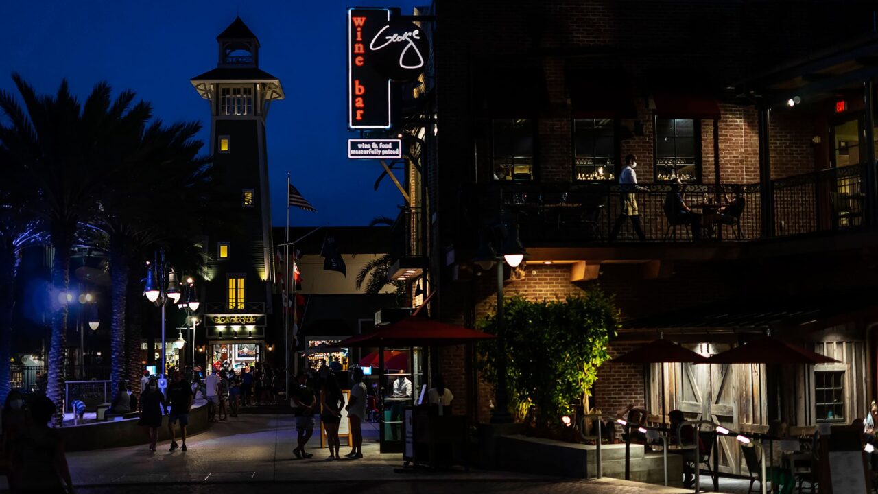 Night time on a lively street in Orlando