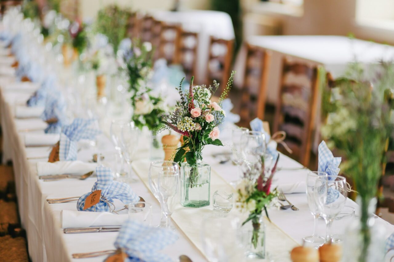 Wedding dinner table with flowers